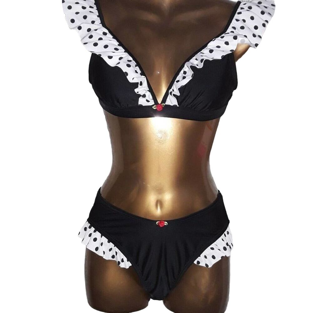 NWT Betsey Johnson Sz S DOTS AMORE Polka Dot Ruffle Bikini Top - Picture 3 of 8